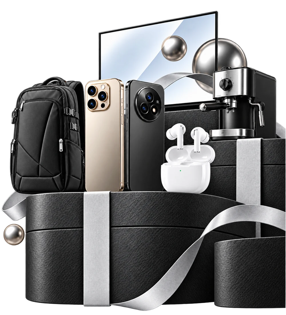 Backpack, smartphone, earbuds, espresso machine and monitor on a black gift podium